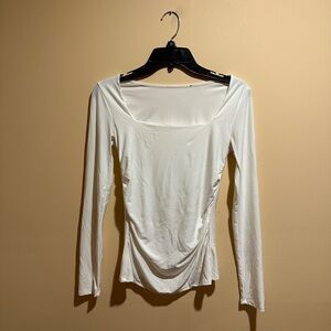 White Ruched Long Sleeve Top | Square Neck | Size S